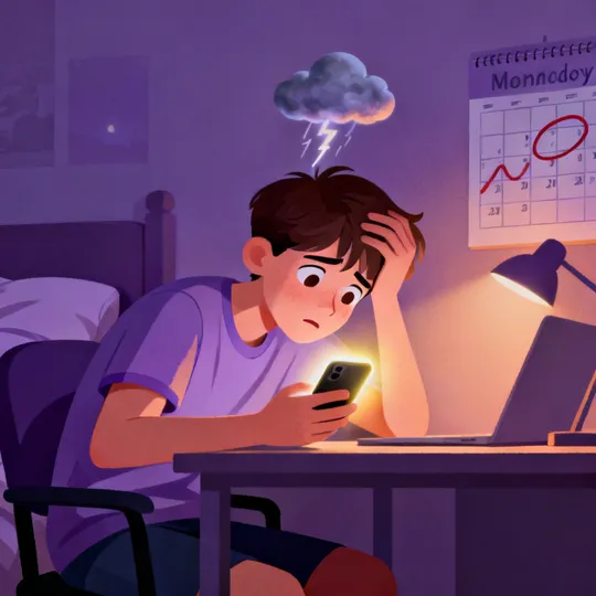 Gestresster Teenager am Schreibtisch am Abend vor dem Vorstellungsgespräch